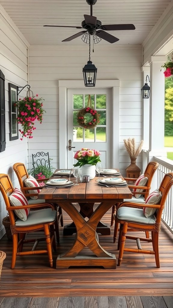 A rustic outdoor dining nook on a farmhouse front porch with a wooden table and comfortable chairs.