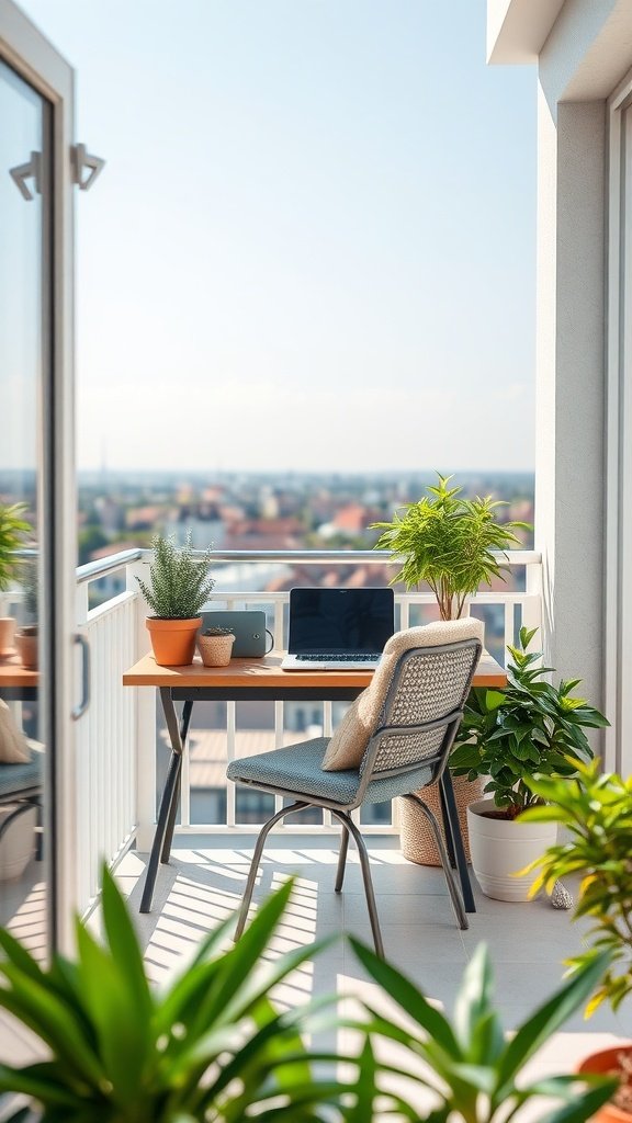 A small balcony designed as an outdoor workspace with a desk, chair, and plants.