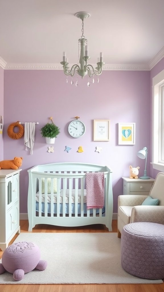 A soft lavender nursery with a mint green crib and playful decor.