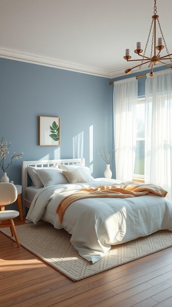 A serene bedroom with soft blue walls, light bedding, and a warm wooden floor.