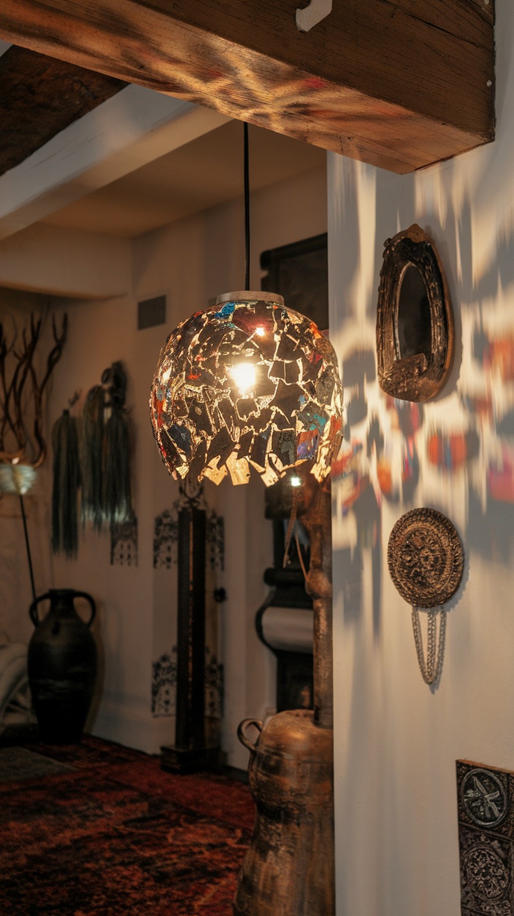 A pendant light made from broken jewelry, hanging in a stylish interior with decorative items around.