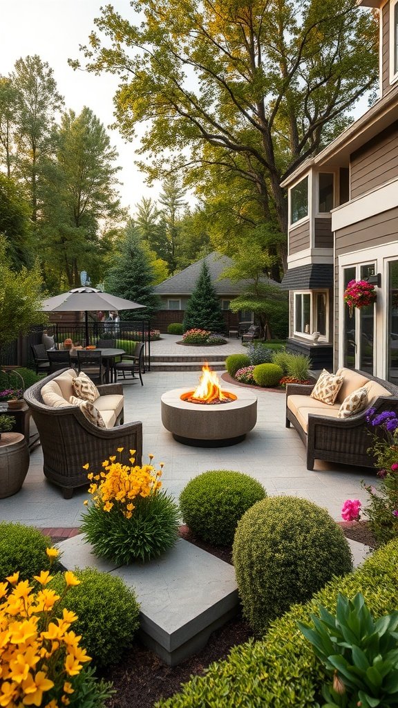 Cozy outdoor space with a fire pit, comfortable seating, and vibrant flowers.