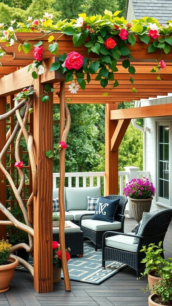 A cozy deck corner featuring a wooden trellis adorned with flowers, comfortable seating, and potted plants.