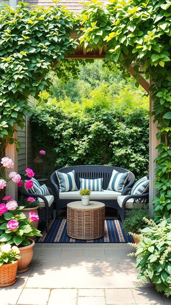 Cozy outdoor seating area framed by lush plants and colorful flowers