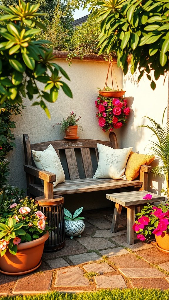 Cozy seating area in a small garden with a wooden bench, colorful flowers, and hanging plants.