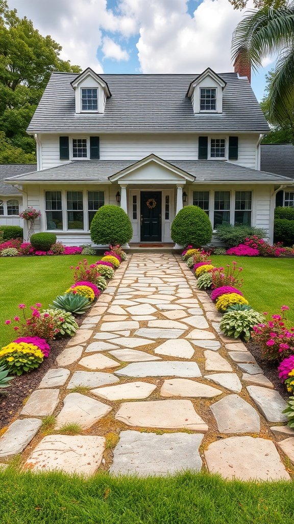 Stone pathway leading to a Cape Cod house surrounded by colorful flowers