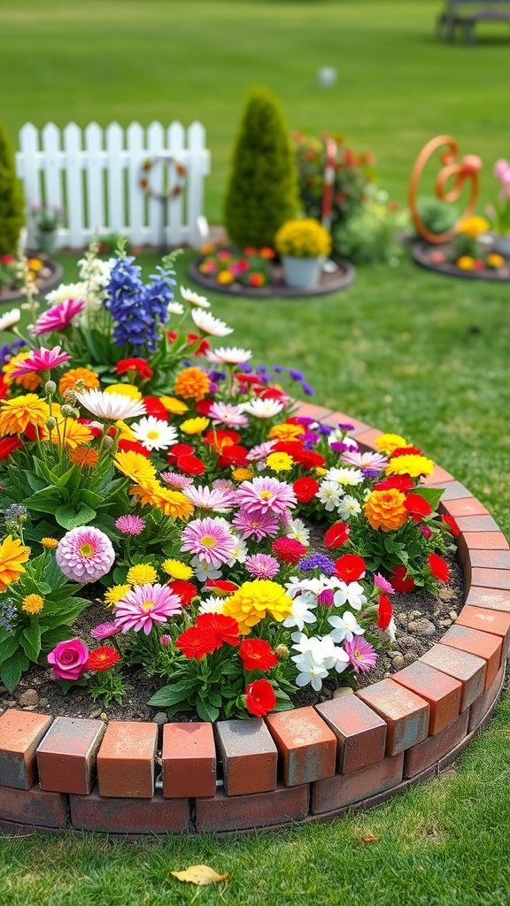 Colorful flower bed with brick edging, featuring a variety of flowers in a circular arrangement.