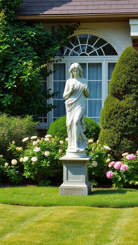A beautiful garden with a white statue surrounded by green shrubs and colorful flowers.
