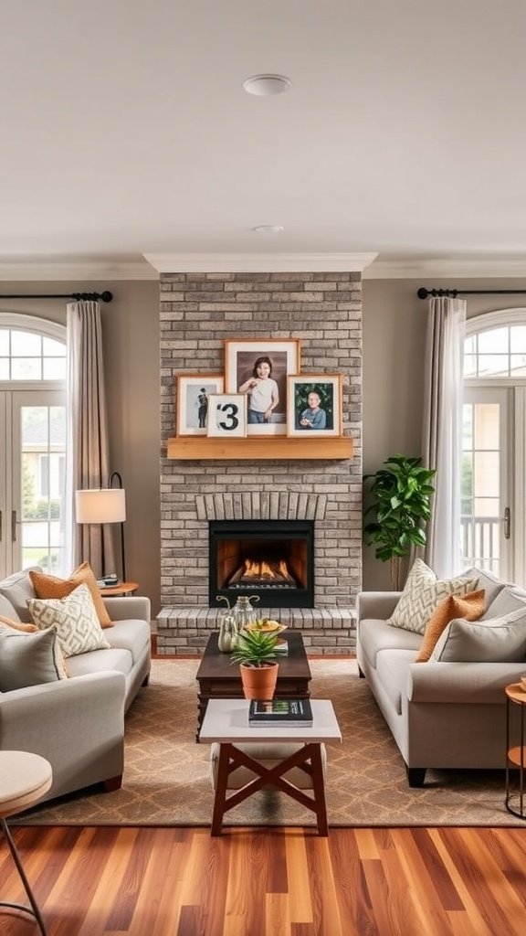 Cozy living area with a fireplace, two sofas, and family photos on the mantle.