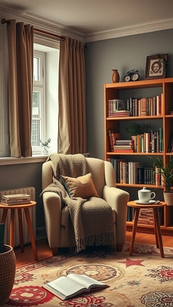 Cozy reading corner with an armchair, bookshelf, and warm decor.