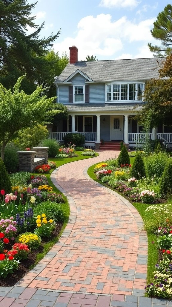 A charming Cape Cod house surrounded by a landscaped garden featuring a winding brick path and colorful flowers.