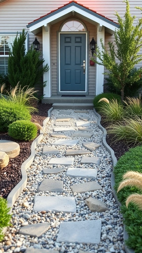 A stone pathway leading to a front door surrounded by greenery.
