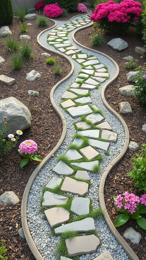 Curved stone pathway in a garden surrounded by flowers and greenery.
