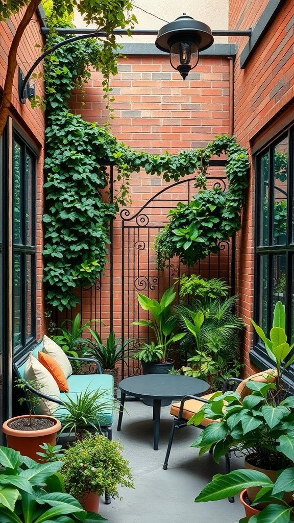 A cozy small balcony garden with lush green plants and a seating area, showcasing privacy with greenery.