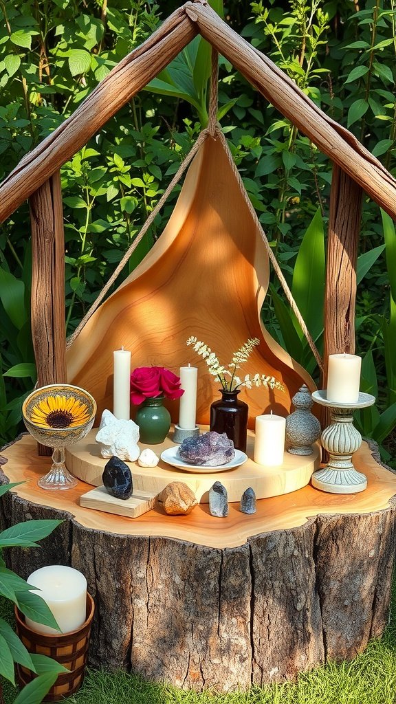 A garden altar with candles, flowers, and crystals arranged on a wooden stump.