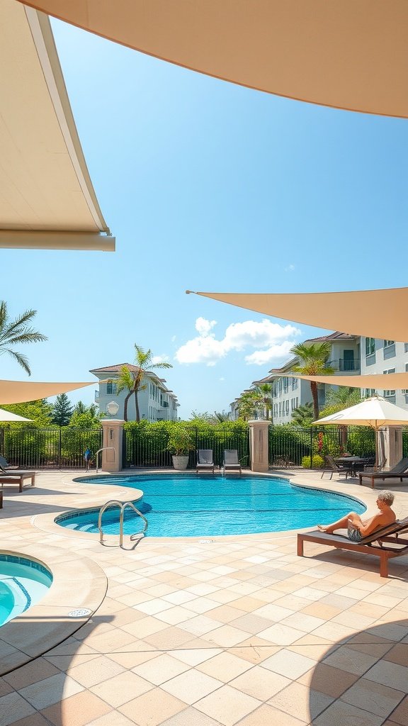 A beautiful pool deck with shade sails, providing a cool space for relaxation.