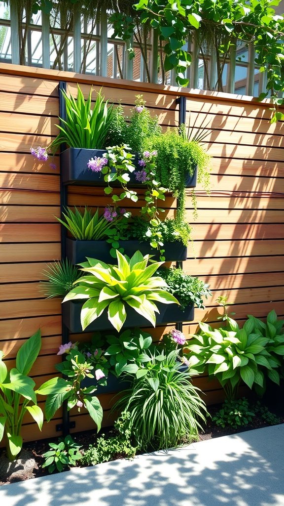 A vertical garden with various plants displayed in tiered black planters against a wooden wall.