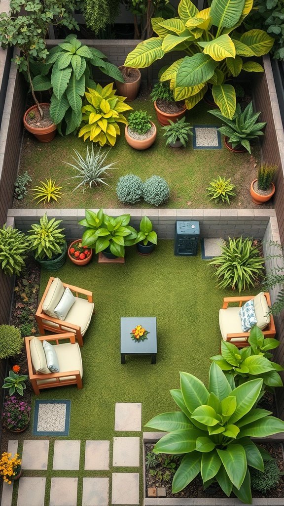 A small garden featuring a cozy seating area surrounded by various plants, creating distinct zones for relaxation and gardening.