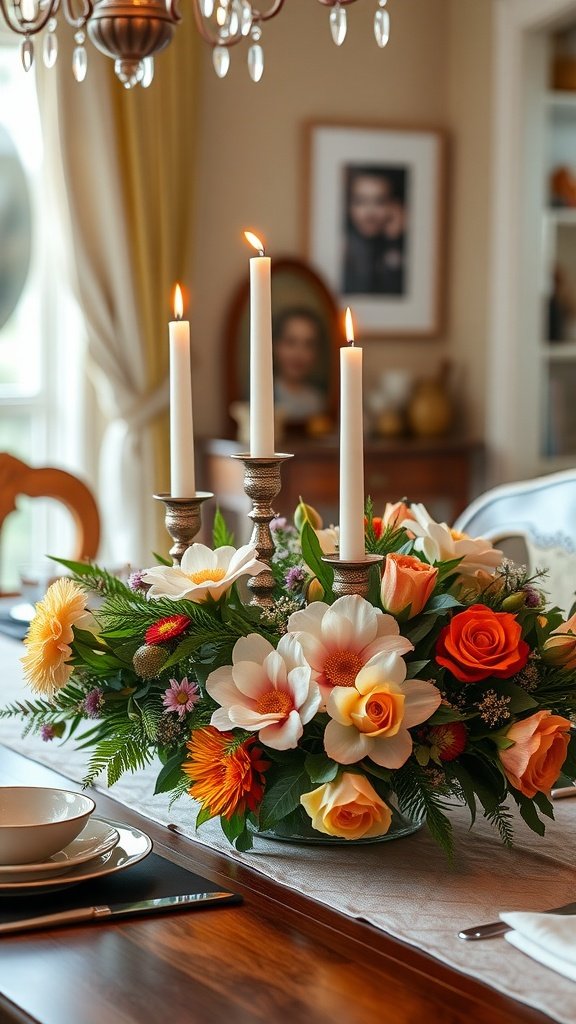 A beautifully arranged centerpiece with flowers and candles on a dining table.