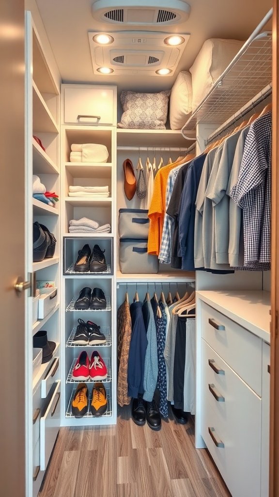 A well-organized RV closet with shelves, hanging clothes, and neatly arranged shoes.