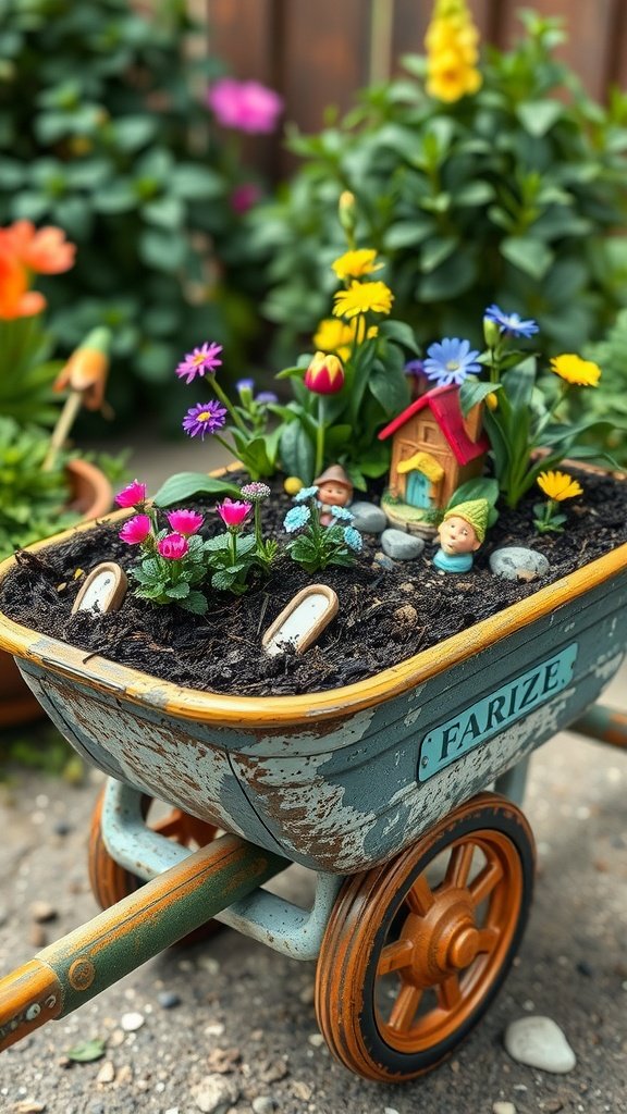 A colorful wheelbarrow filled with flowers and fairy figurines, creating a whimsical fairy garden.