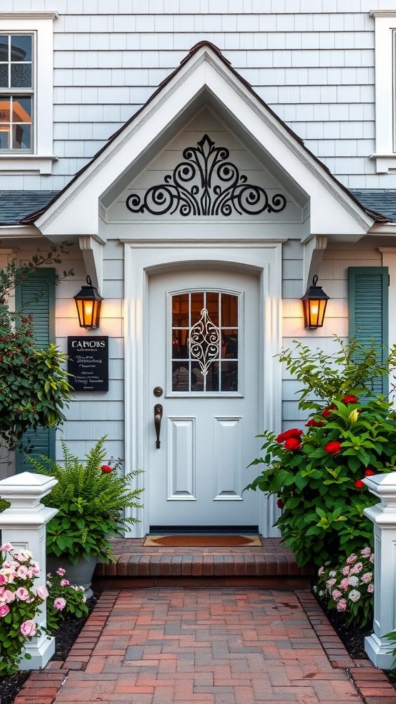 A charming cape cod house entryway featuring a decorative door with stylish lanterns and vibrant flowers.