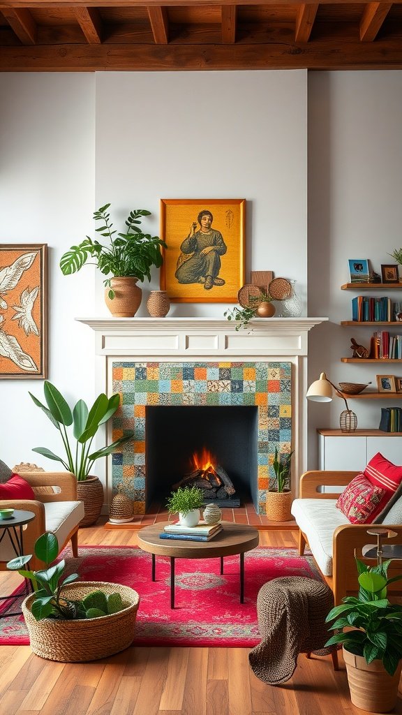 A cozy living room featuring a vibrant fireplace surround with colorful tiles and stylish decor.
