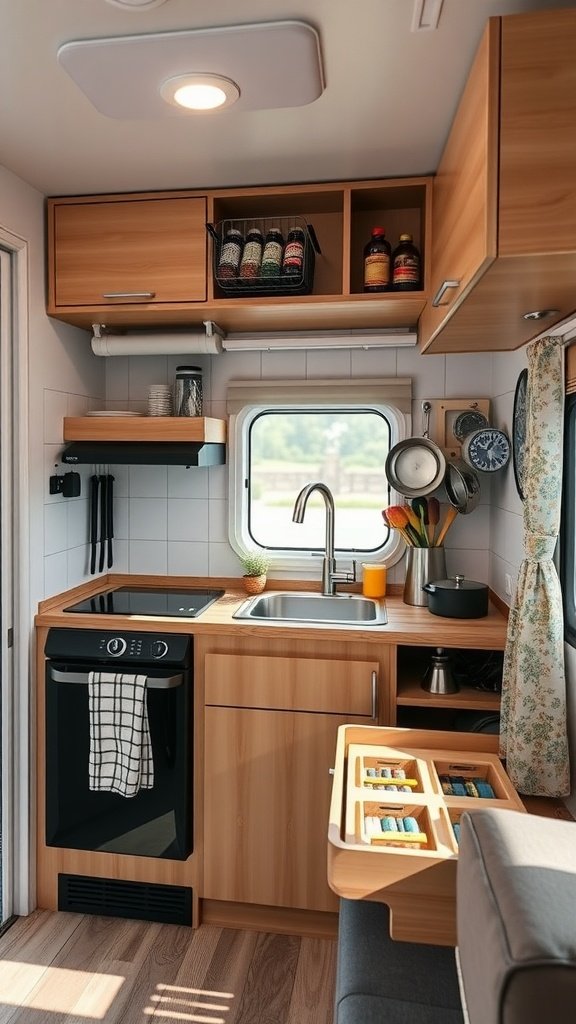 A well-organized camper kitchen showing upper cabinets, open shelves, and a pull-out drawer for utensils.