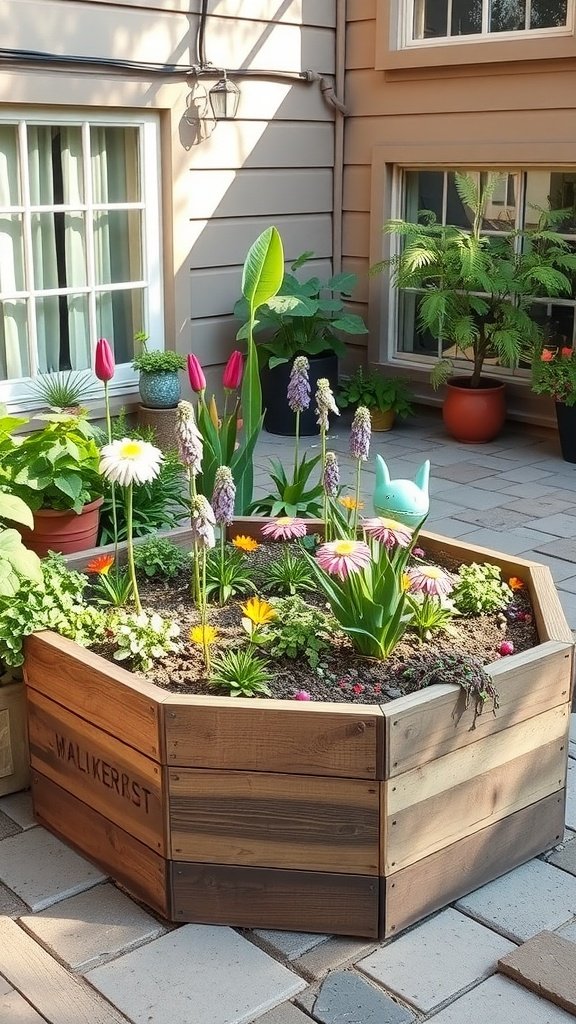 A hexagonal raised garden bed filled with colorful flowers and greenery.
