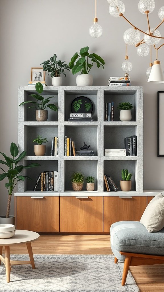 A stylish cinder block shelf filled with plants and books, featuring wooden cabinetry below.