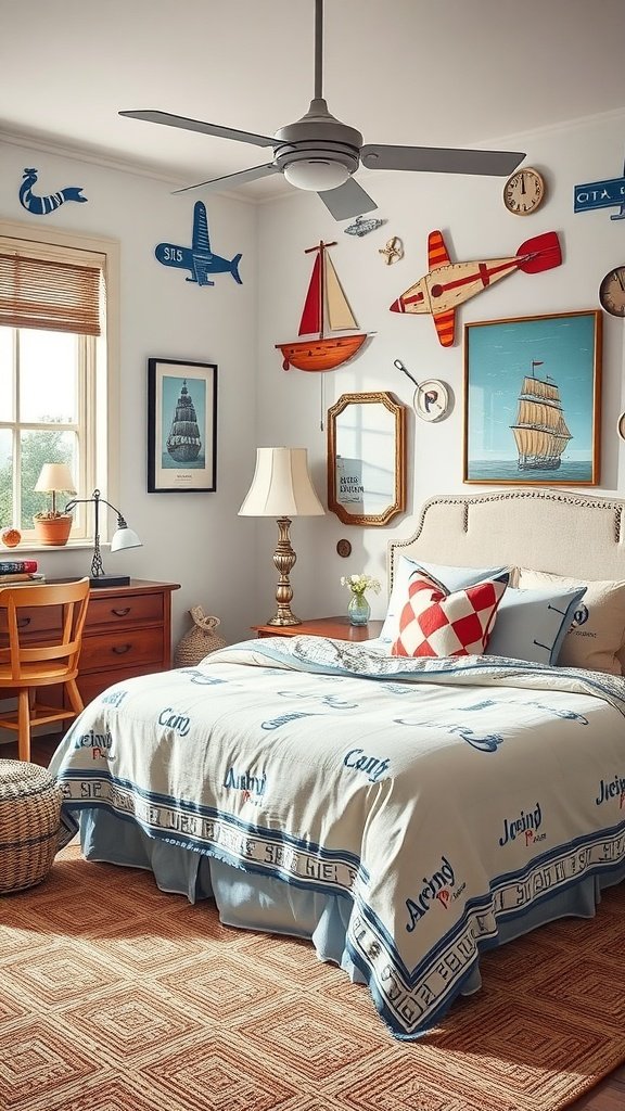 A stylish guest bedroom featuring nautical decor with boats and planes on the wall, a cozy bed with a playful quilt, and a bright, inviting atmosphere.