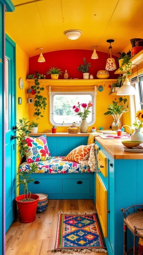 Colorful small camper interior featuring bright yellow walls, teal cabinets, and vibrant cushions.