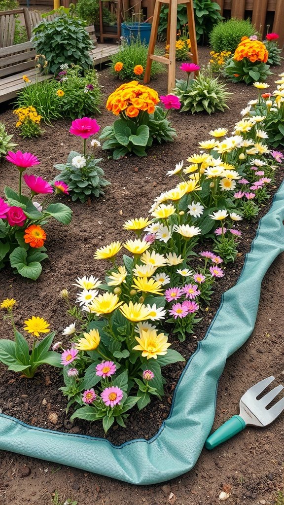 A colorful flower bed featuring daisies and zinnias, bordered with green landscape fabric.