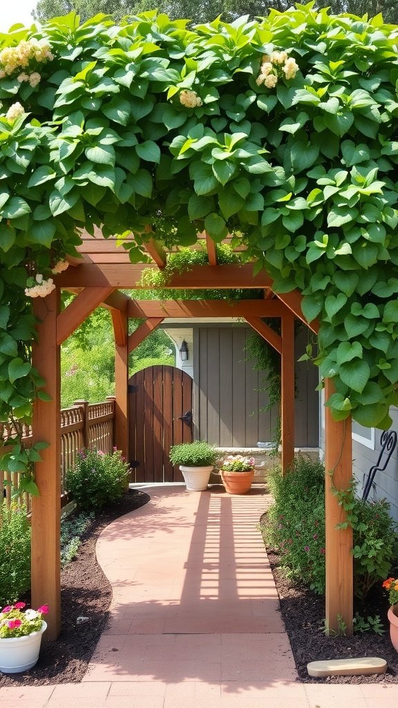 A wooden pergola covered in green leaves and flowers, leading to a garden path.