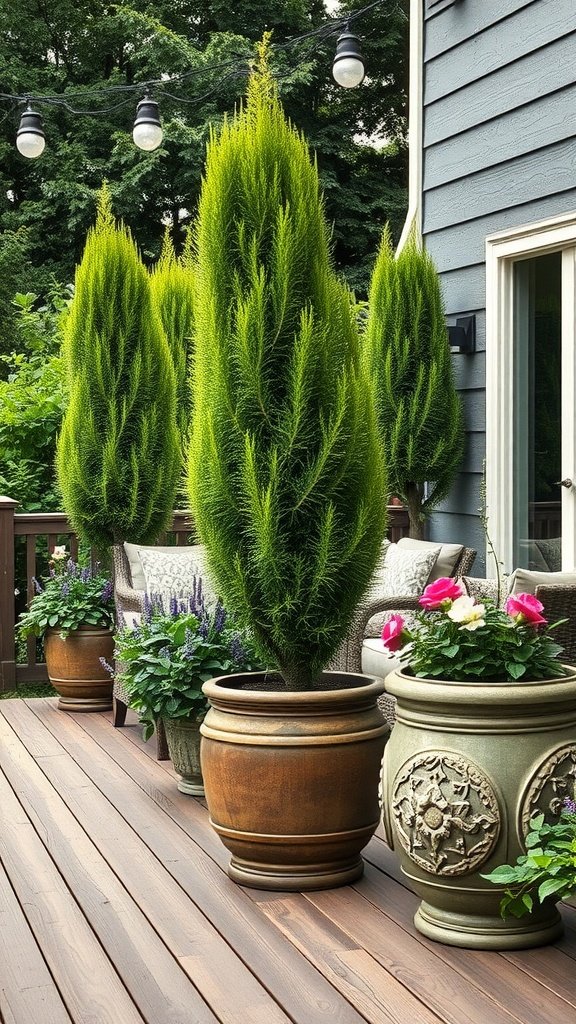 Deck with tall green planters, colorful flowers, and string lights