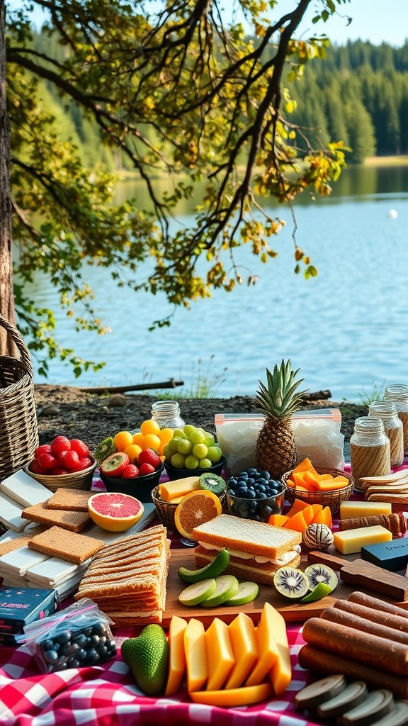 A colorful spread of fresh fruits, sandwiches, and snacks set up by a lake for a camping experience.