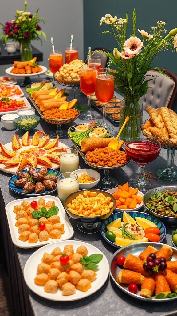 A beautifully arranged table with a variety of colorful food items and drinks, showcasing a senior table display.