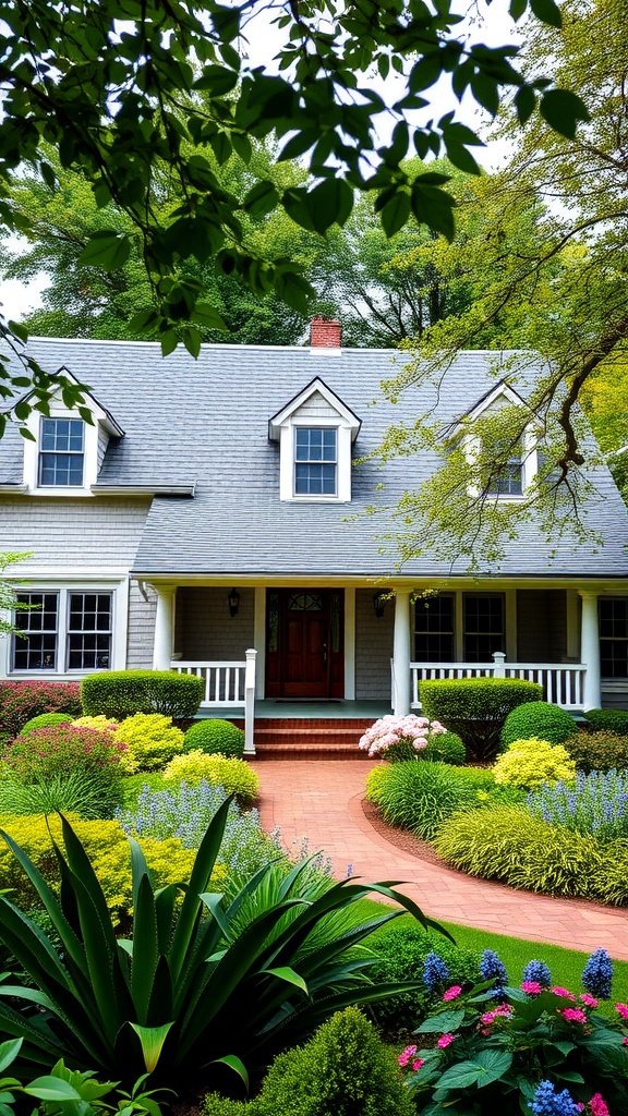 A luxury Cape Cod house with gray shingles, a welcoming porch, and beautiful landscaping featuring colorful flowers and greenery.
