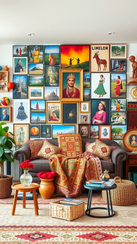 A colorful photo wall displaying various cultural artworks and portraits alongside a cozy couch.