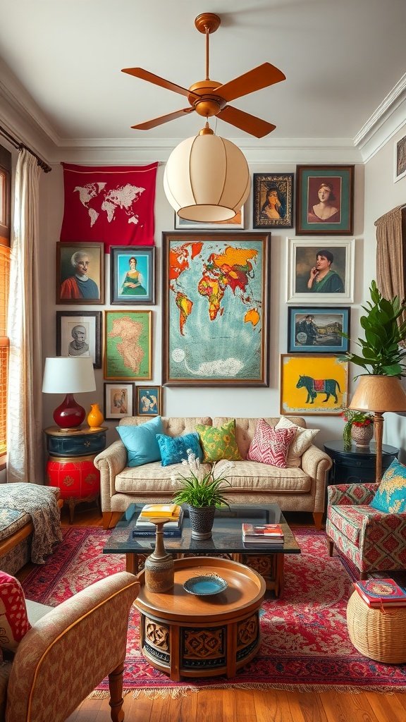 A cozy living room featuring a world map, colorful portraits, and eclectic decor.