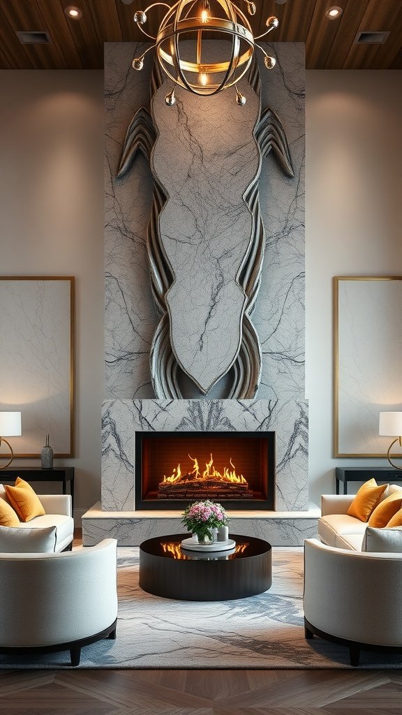 A stylish modern fireplace with elegant decor and cozy seating.