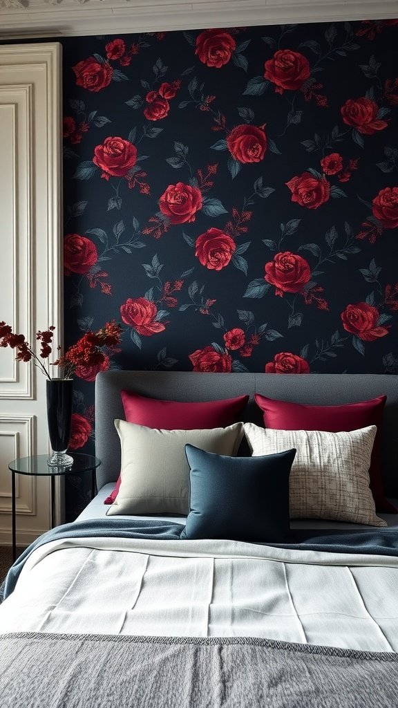 A dark-themed bedroom with a floral rose wallpaper and stylish bedding.