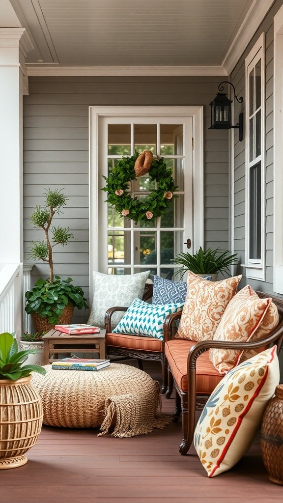 Decorative pillows with various patterns on a small front porch sofa