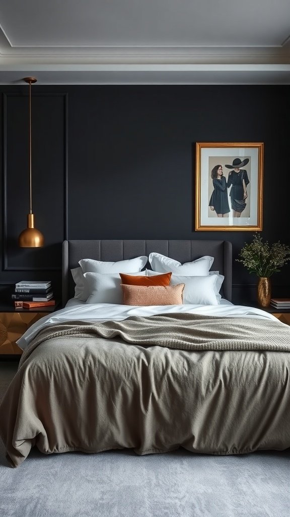 A modern bedroom featuring charcoal walls, a stylish bed with earth tone bedding, and elegant decor.