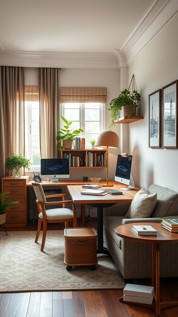 A cozy home office featuring a wooden desk with two computers, a comfortable sofa, plants, and natural light.