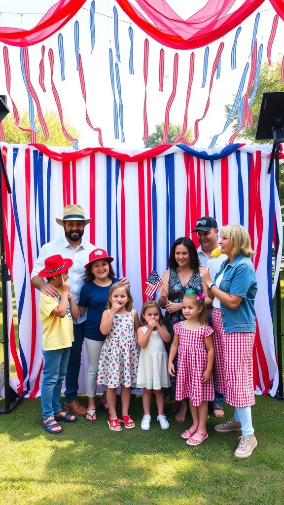A festive photo backdrop with red, white, and blue ribbons, featuring a group of people celebrating the 4th of July.