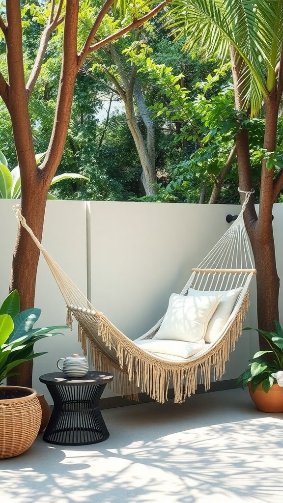 A cozy hammock hanging between trees with plants around it, creating a relaxation zone.