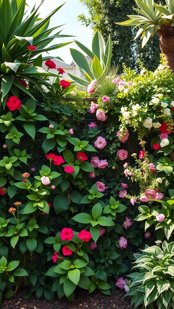 Vibrant vertical garden fence filled with colorful flowers and greenery.