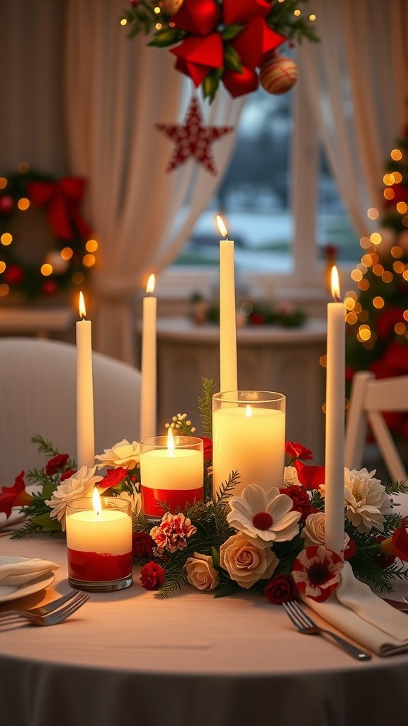 A table set with festive candle holders surrounded by flowers, perfect for a patriotic celebration.