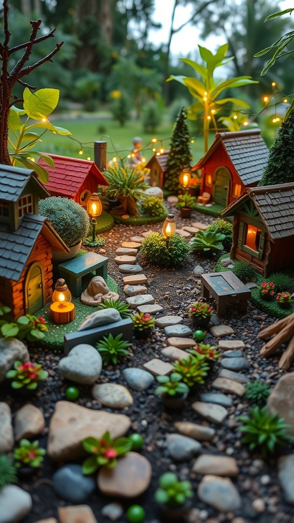 A beautifully designed miniature fairy garden with tiny houses, a stone pathway, and vibrant plants.